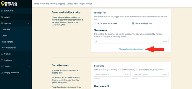 IS HS Shipping Methods Holiday Shipping Method Optional Settings Fallback Optional Display Settings