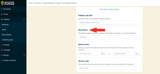IS HS Shipping Methods Holiday Shipping Method Optional Settings Fallback Rate Description-1