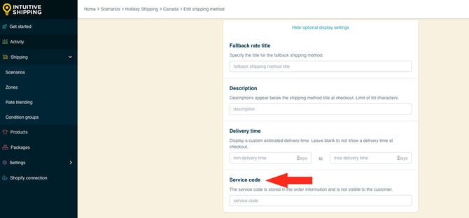 IS HS Shipping Methods Holiday Shipping Method Optional Settings Fallback Rate Service Code-1