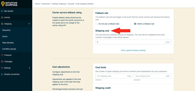 IS HS Shipping Methods Holiday Shipping Method Optional Settings Fallback Shipping Cost