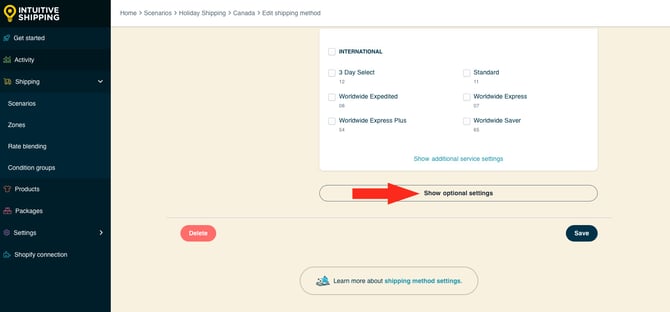 IS HS Shipping Methods Holiday Shipping Method UPS Show Optional Settings
