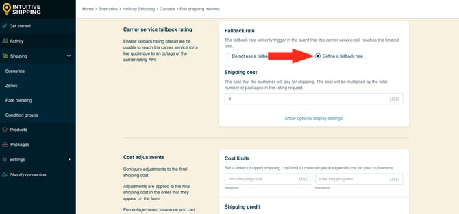 IS HS Shipping Methods Optional Settings Define A Fallback Rate